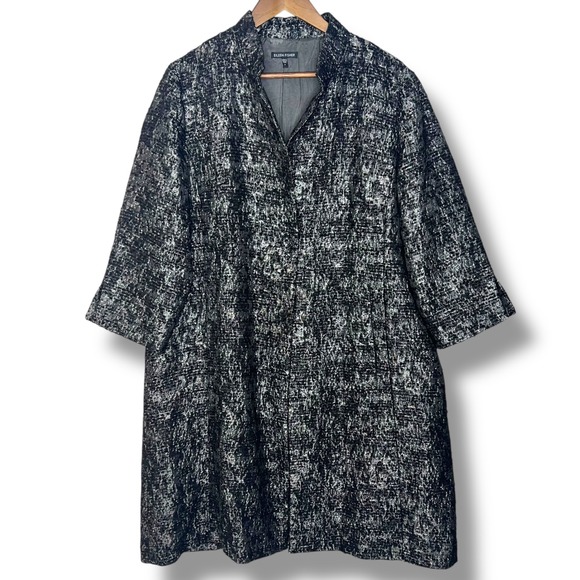 Eileen Fisher Textured Tweed Long Jacket Coat Black Silver L One Button‎ Wool